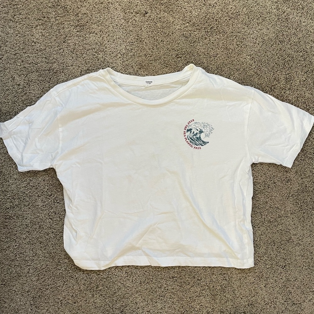White “save the oceans” crop top